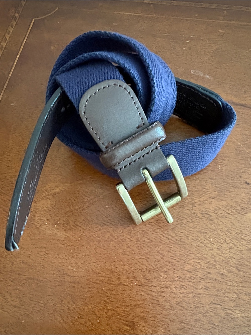 Brooks Brothers Boys Navy Blue Canvas Belt with Brown Leather Trim